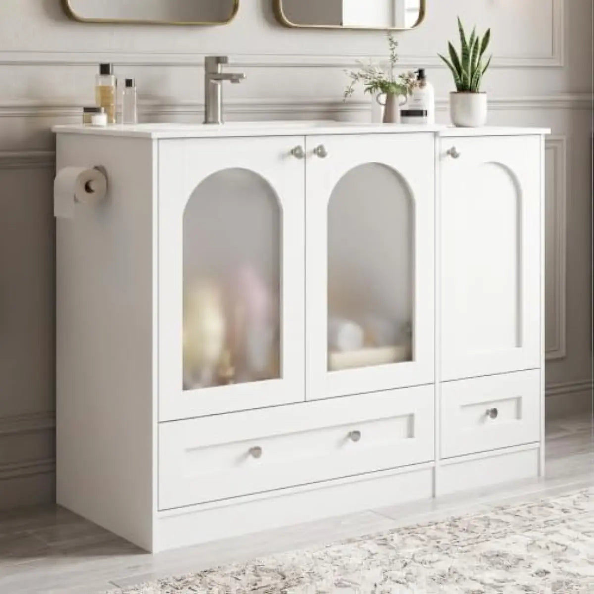 Modern Bathroom Vanity With Ceramic Sink And Reversible Side Cabinet