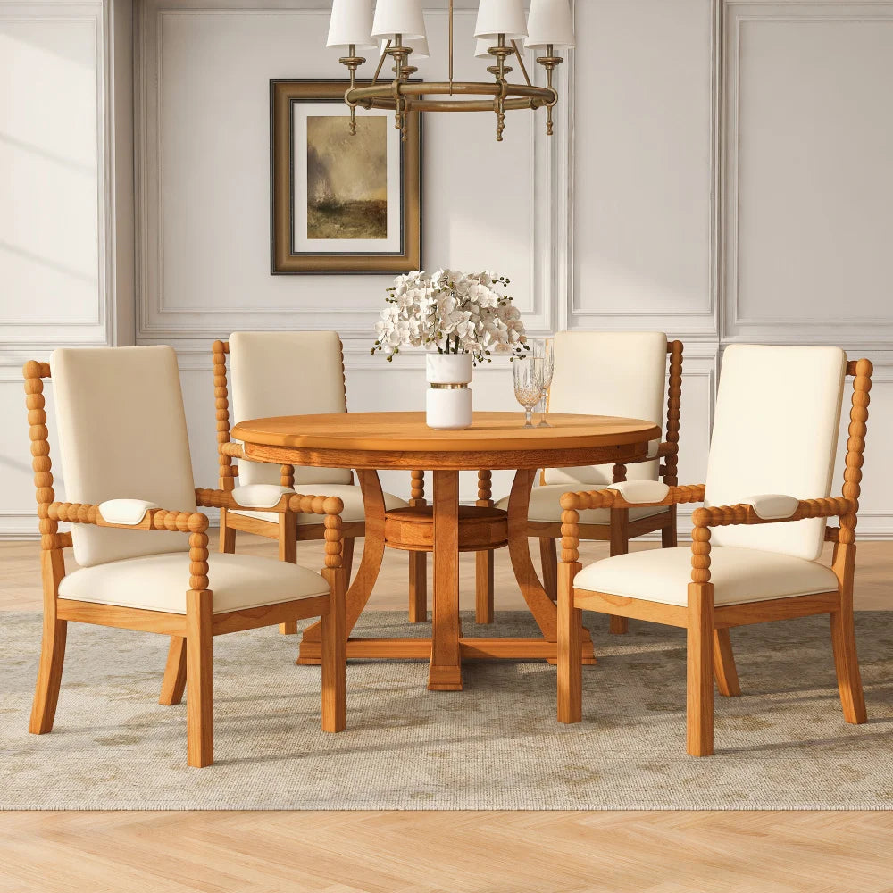 5 Piece Round Extendable Solid Wood Dining Table Set, 4 Rattan Back Chairs With Upholstered Seats, Modern Farmhouse Kitchen Dinner Furniture For Dining Room Kitchen Apartment