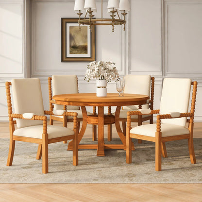 5 Piece Round Extendable Solid Wood Dining Table Set, 4 Rattan Back Chairs With Upholstered Seats, Modern Farmhouse Kitchen Dinner Furniture For Dining Room Kitchen Apartment