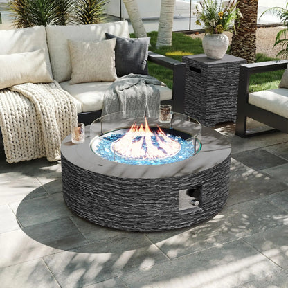 42-inch Outdoor Propane Gas Fire Pit Table 50000 BTU Concrete Round FirePit for Outside Patio with Propane Tank Cover, Wind Guad