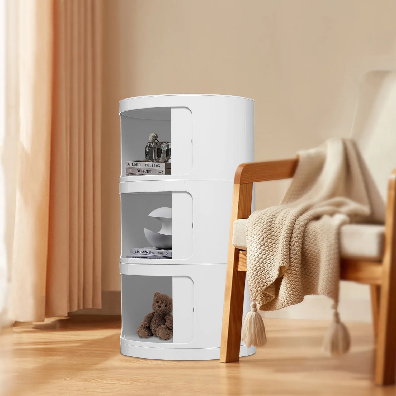 3 Layers Round Bedside Cabinet with 3 Drawers Cabinet with Storage - Round End Table Nightstand for Bedroom Living Room White
