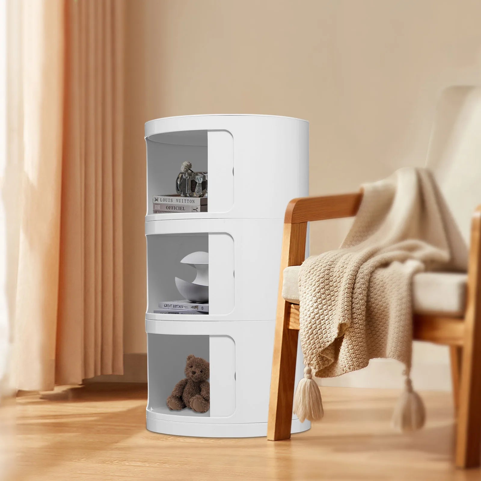 3 Layers Round Bedside Cabinet with 3 Drawers Cabinet with Storage - Round End Table Nightstand for Bedroom Living Room White