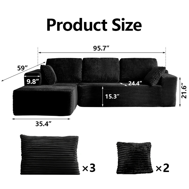 95.7"Oversized L Shaped Couch With Chaise, Minimalist Compressed Boneless Couch No Assembly Required, Modular Cloud Sectional Sofa Fo