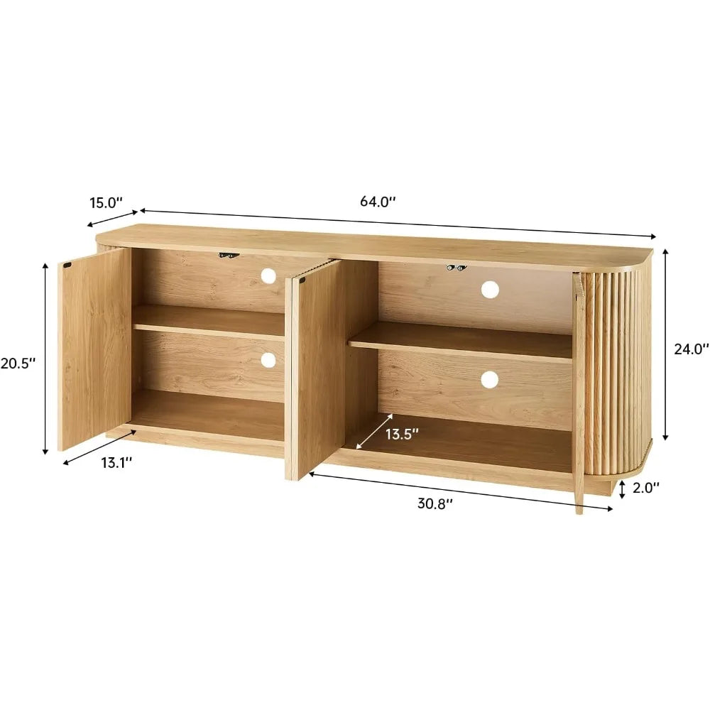 64" Sideboard Buffet Cabinet with Adjustable Shelves, Wooden Fluted Storage Credenza for Kitchen Living Room (Natural Oak)