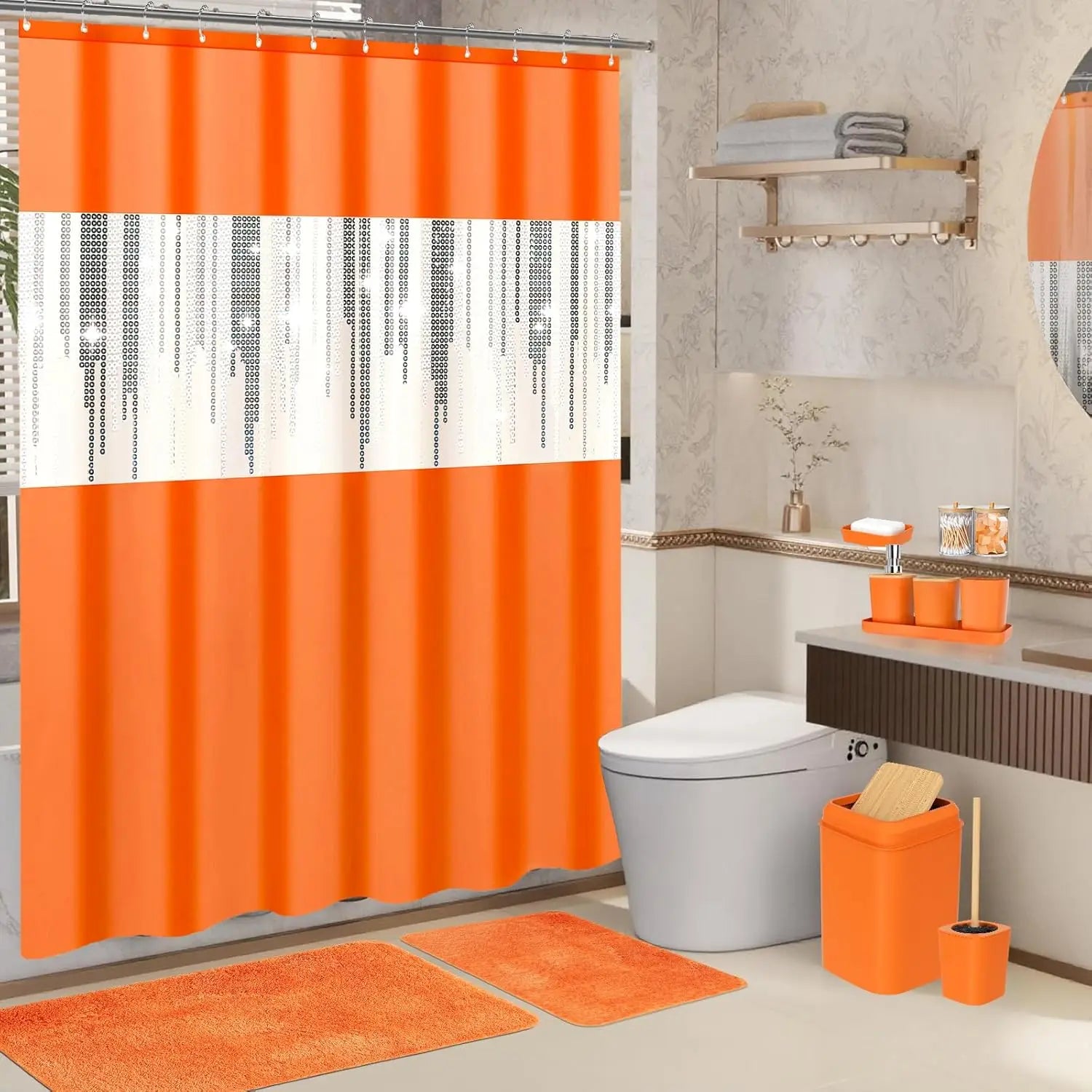 Sparkling Orange Bathroom Set with Sequin Shower Curtain and Soft Rugs - Complete Decor Kit