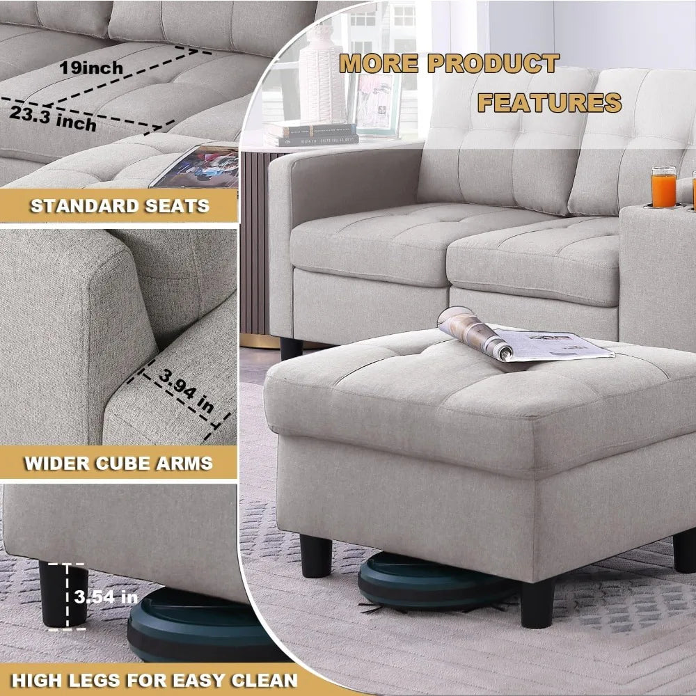 Love Seat Sofa with Ottoman and Storage Console, 2 Seater Couch for Bedroom, Small Modular Sectional Couch Home Theat