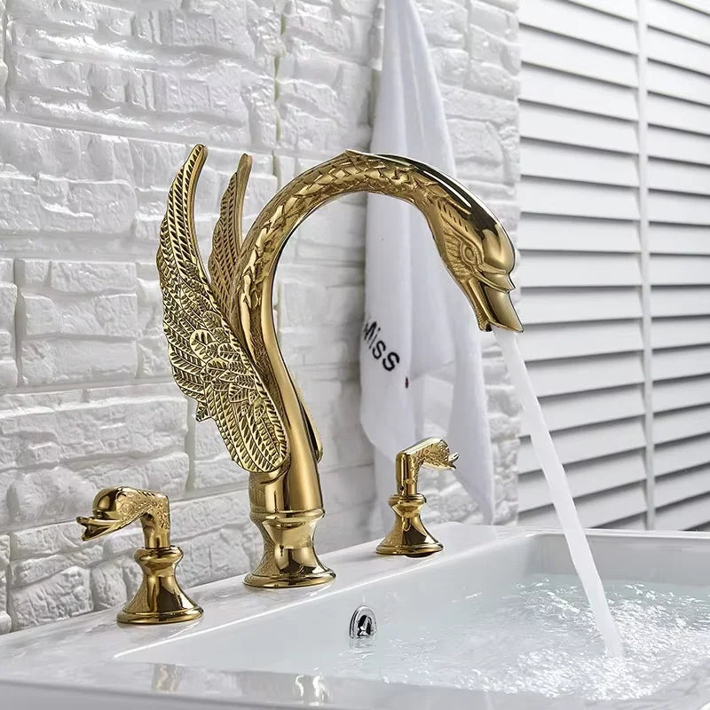 Senlesen Golden Bathroom Basin Faucet Brass Double Handle Hot Cold Sink Mixer Tap Swan Shape Basin Faucet Bathtub Mixers Crane