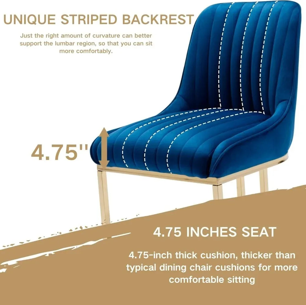 Modern Velvet Dining Chairs Set of 2, Gold Metal Legs, Blue Upholstered Kitchen/Living Room Side Chairs