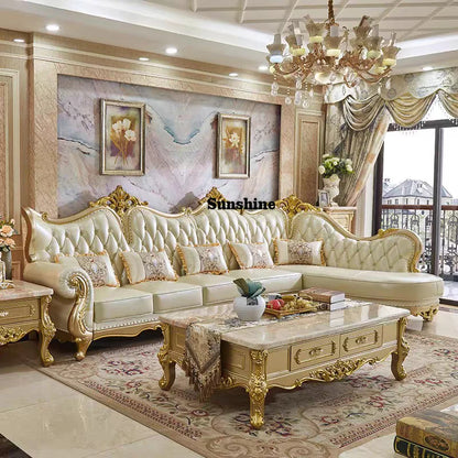 Luxury European Royal Wedding Living Room Sofa Set Solid Wood Genuine Leather L-Shaped Sofas Couch for Living Room