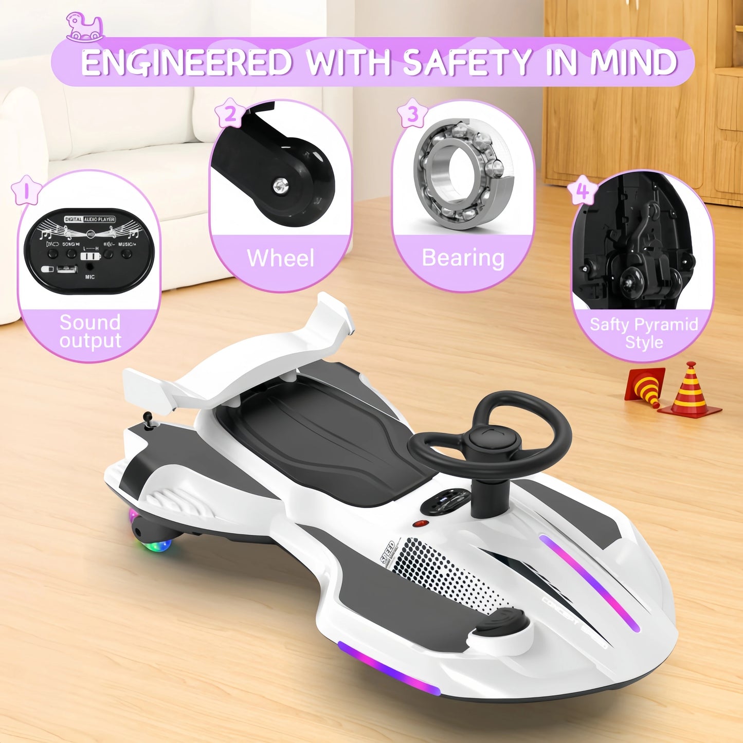 【Akeleo】12V Electric Wiggle Car with Pedal, 2 in 1 Wiggle Car Ride On Toys for Kids Ages 3 and Up, Anti-Rollover Flashing Wheels