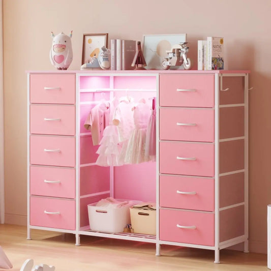 2-in-1 Dresser with Hanging Rack, 10 Drawers Dresser for Bedroom,Dressers with Fabric Drawers,LED Lights, Charging Station