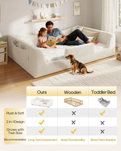 Twin Low Floor Bed Teddy Upholstered Curved Slats High Rails Kids No Box Spring Beige,Customized