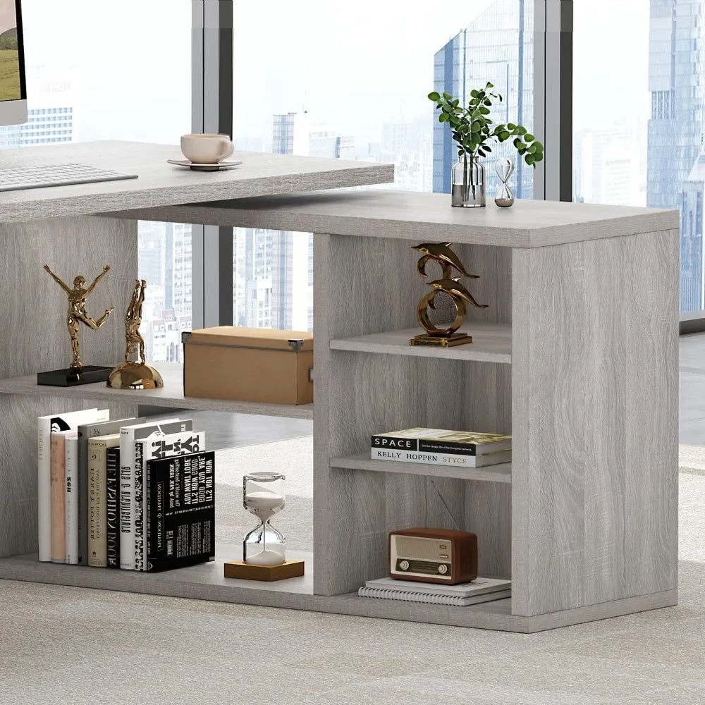 Gray L Shaped Corner Desk with Storage Shelves, Reversible L Shape Computer Desk with Storage Cabinet, Adjustable Corner Home O