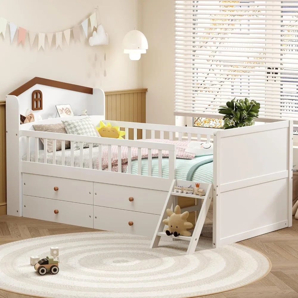 Platform Bed With House Headboard Guardrail and Four Storage Drawers