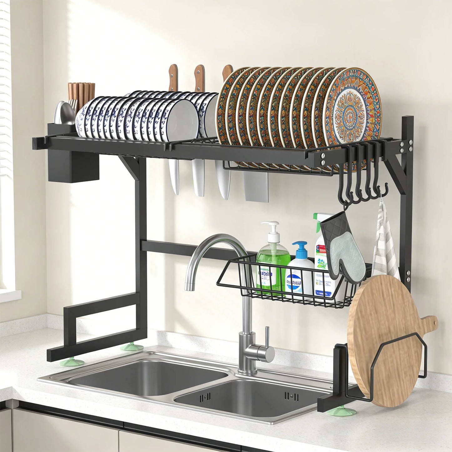 TwoTier Dish Rack Above Sink With Utensil And Knife Holder