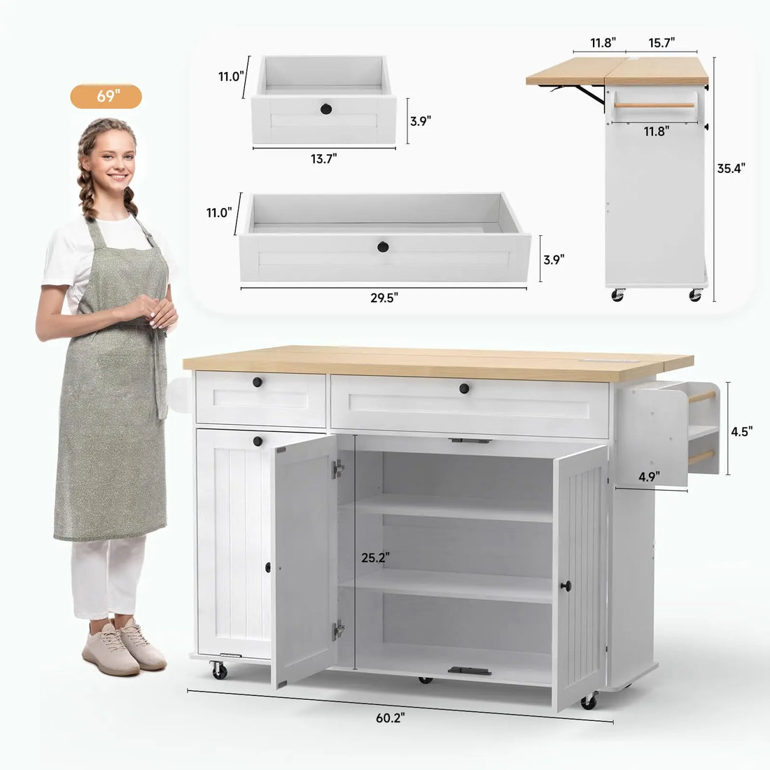 ONBRILL Mobile Kitchen Island With Power Outlet Drop Leaf And Towel Rack