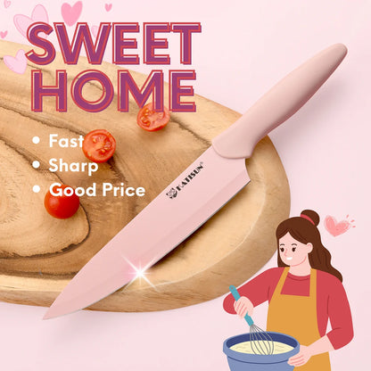 14 Pieces Pink Kitchen Knife Color Block Set , Anti-Rust Color Titanium Coated Carbon Steel, 12 Knives with Shears and Block