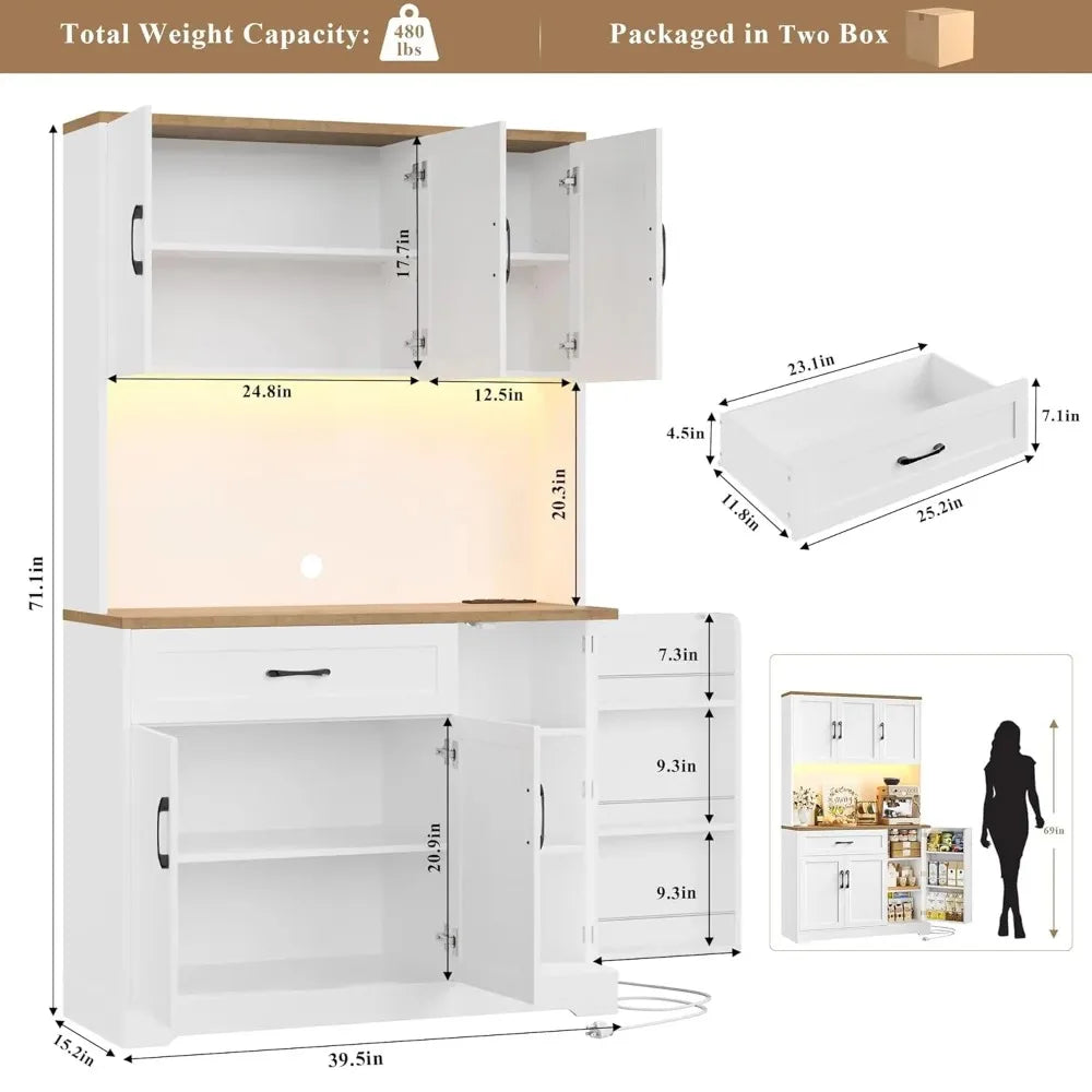 71" LED Pantry Cabinet with Power Outlet, Tall Kitchen Hutch Storage Cabinet with Microwave Stand &amp; 6 Door Shelves,, Customized