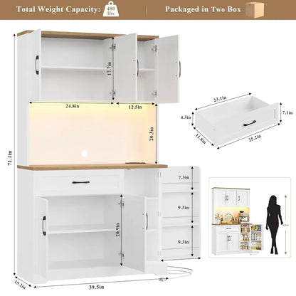 71" LED Pantry Cabinet with Power Outlet, Tall Kitchen Hutch Storage Cabinet with Microwave Stand &amp; 6 Door Shelves,, Customized