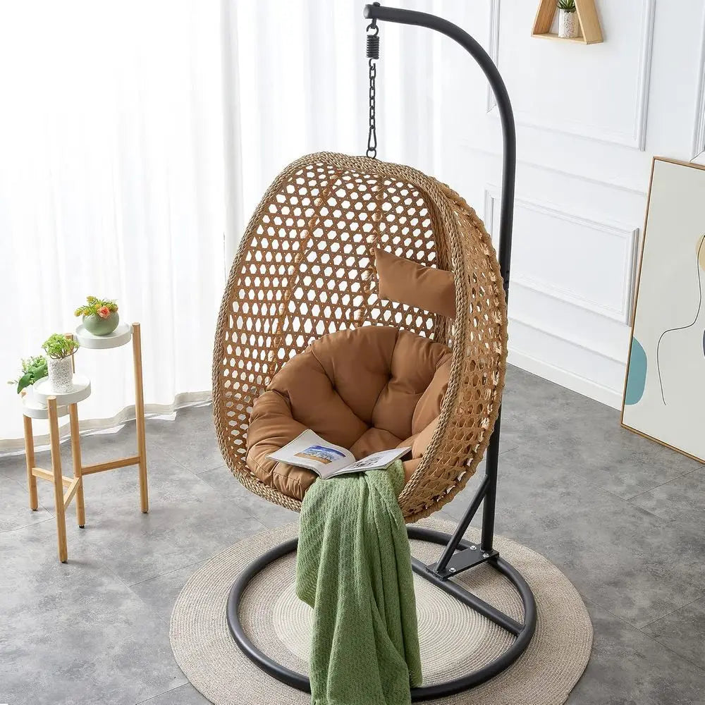 Wicker Hanging Egg Chair With UV Resistant Cushion Metal Stand