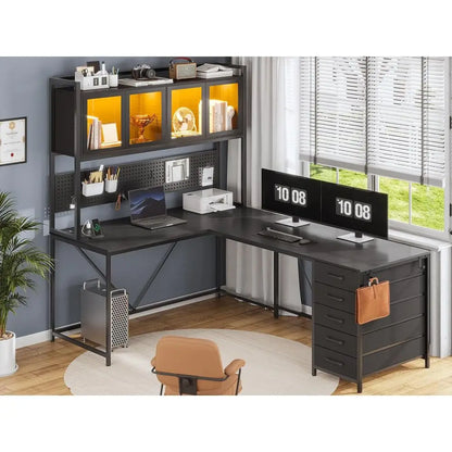 L Shaped Gaming Desk With Drawers Hutch Pegboard And Storage