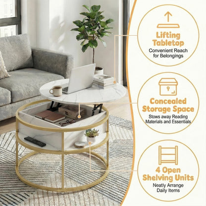 31. 5” Lift Top Coffee Table w/ Hidden Compartment &amp; Side Shelves for Living Room