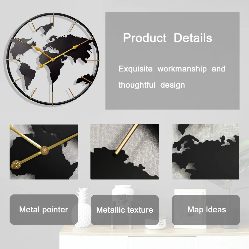 World Map Wall Clock, Metal Minimalist Modern Clock, Round Silent Non-Ticking Battery Operated Wall Clocks for Living Room/Home.