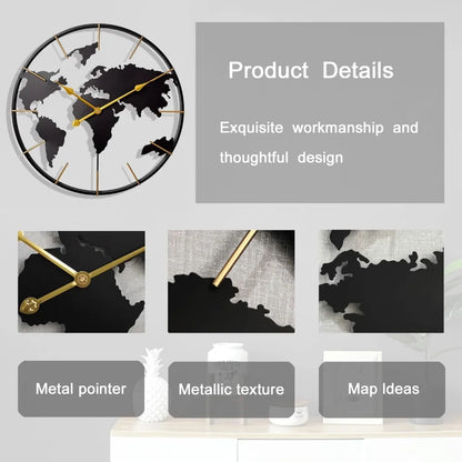 World Map Wall Clock, Metal Minimalist Modern Clock, Round Silent Non-Ticking Battery Operated Wall Clocks for Living Room/Home.