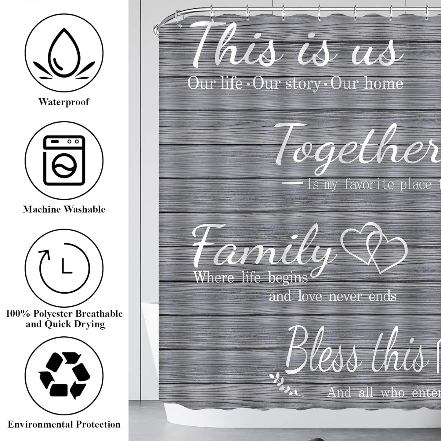 4-Piece Grey Bathroom Set with Waterproof Shower Curtain, Non-Slip Rugs, Toilet Cover & Mat for Home Decor