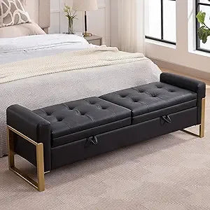 67" Storage Bench for Bedroom End of Bed, Velvet King Size Bed Bench with Double Lids and Gold Legs, Storage Ottoman Bench with