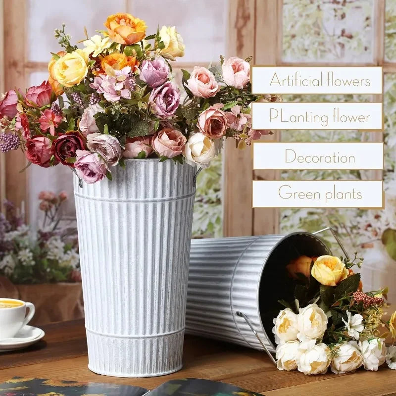 HOT Inch Vintage Galvanized Flower Buckets Metal Flower Vases with Handle Farmhouse French Planter Floral Container