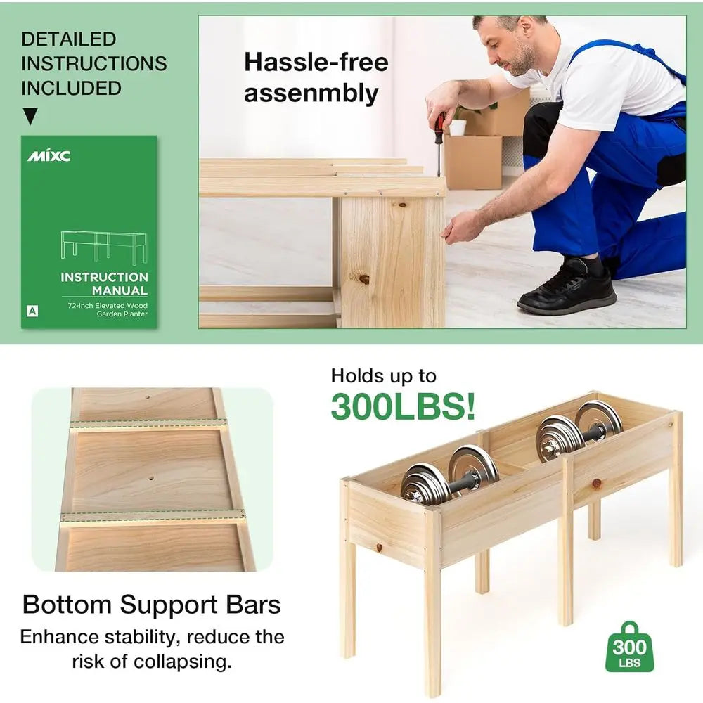 Large Outdoor Raised Garden Bed with Legs, 72L x 23W, Reinforced Wooden Planter for Backyard, Patio, Balcony, 300lb Capacity, Di