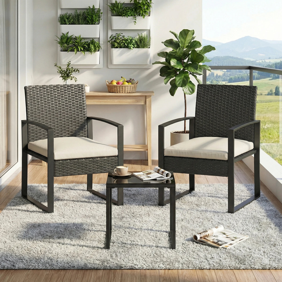3-Piece PE Rattan Patio Bar Set, Outdoor Bar Height Bistro Table and 2 Stools with Tempered Glass Tabletop, Weather Resistant Wicker Patio Furniture Set, Modern Conversation Bar Set for Garden Balcony Backyard