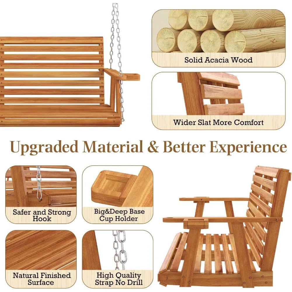 Wooden Porch Swing with Cup Holders and Chains, 880 lbs Capacity Outdoor Swing Chair Bench for Courtyard and Patio