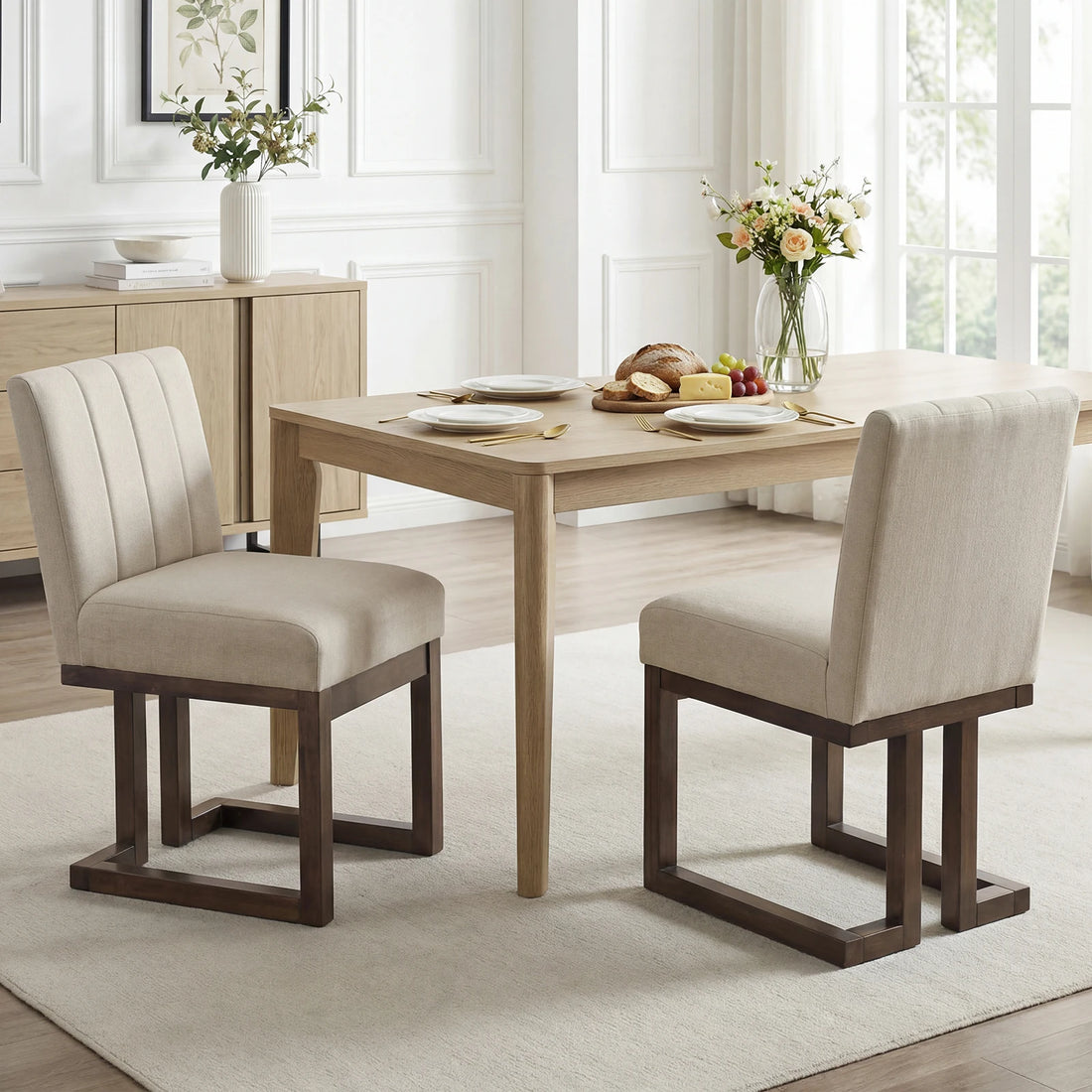 2PCS Wooden Dining Chairs Modern Farmhouse Fabric Upholstered Kitchen Chairs