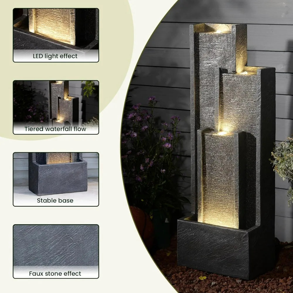 Modern Outdoor Water Fountain with Lights&Pump, Cascading Waterfall Feature Outdoor, Resin Standing Garden Fountain for Landscap