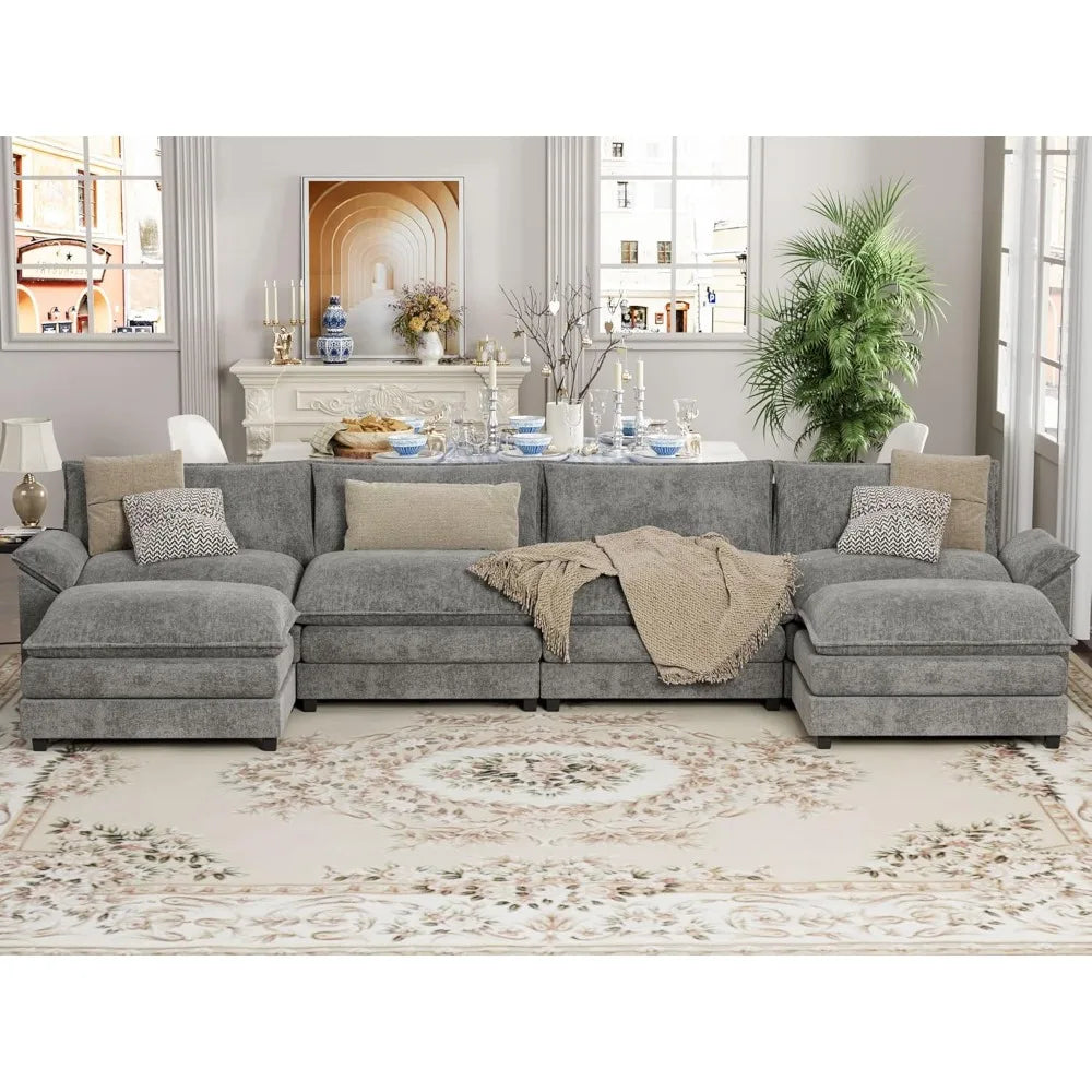 Sectional Modular Sofa U Shaped Chenille Fabric Couch with High Supportive &amp; Soft Sponges and Removable Ottoman, Sleeper Comfy