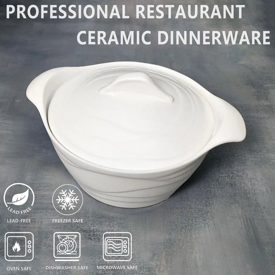 Dish 31.8 ounce French White Ceramic Bakeware Set with Lids, Chip and Crack Resistant Stoneware Baking Dish, Microwave, Dishwash