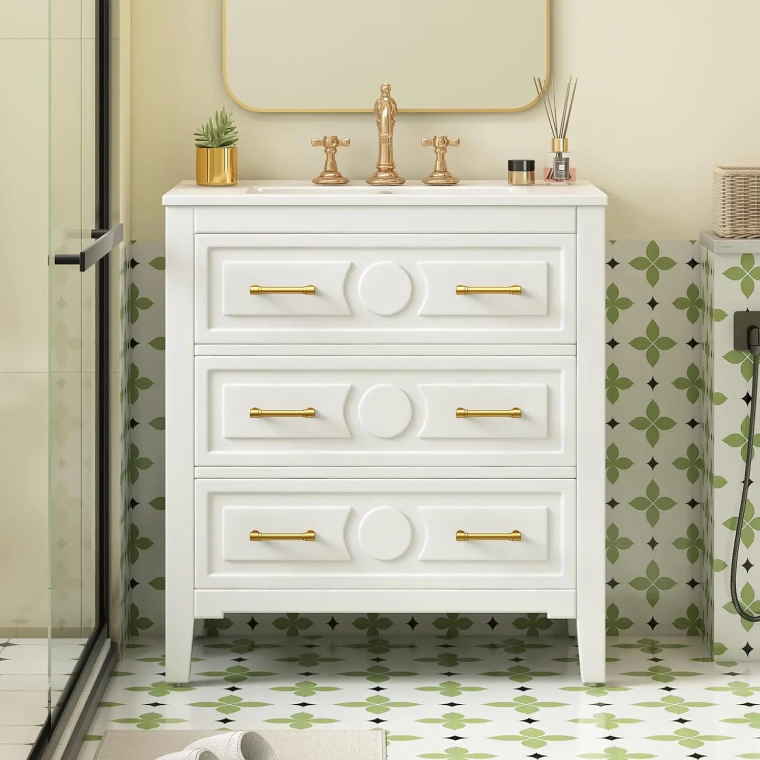 30in Solid Wood Bathroom Vanity Ceramic Sink Storage Cabinet Tip-Out &amp; 2 Full-Extension Drawers Bath Powder Room Customized