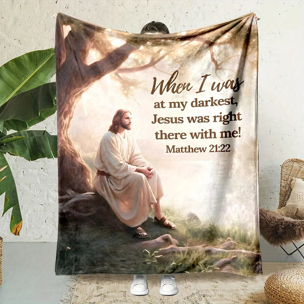 Jesus is with Me Bible Verse Flannel Throw - Soft, All-Season for Sofa, Bed, Camping Travel - Multi-Size