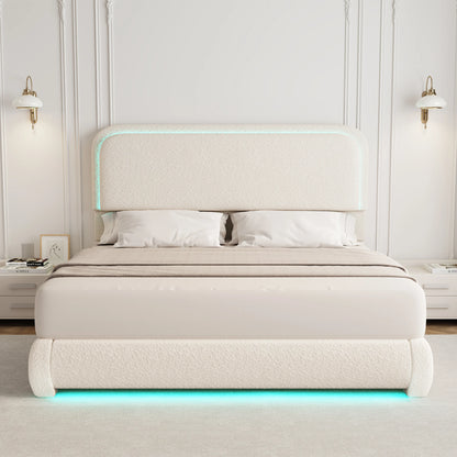 Full Size LED Bed Frame with Storage Drawers, Teddy Upholstery, Rounded Headboard, Soft and Cozy, No Box Spring Needed