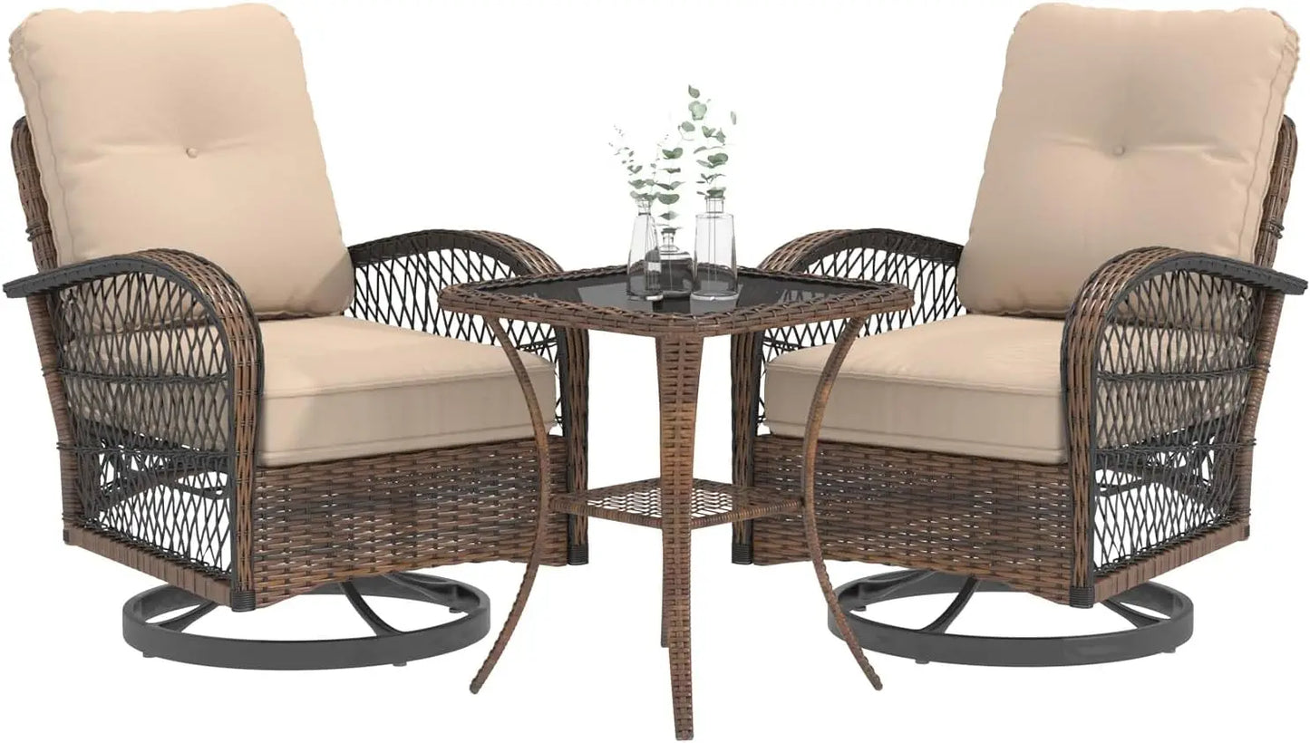 3 Pieces Patio Furniture Set, Outdoor Swivel Rocker Patio Chairs, Wicker Patio Bistro Set with Rocking Chair, Thickened Cushions