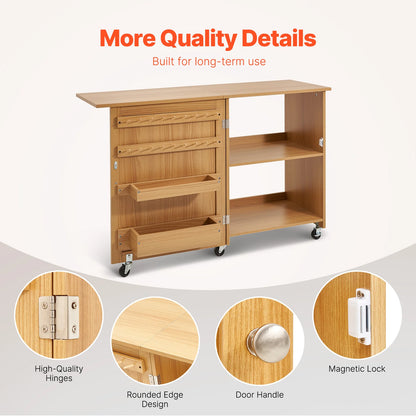 SucceBuy Folding Sewing Machine Table with Wheels and Storage Shelves