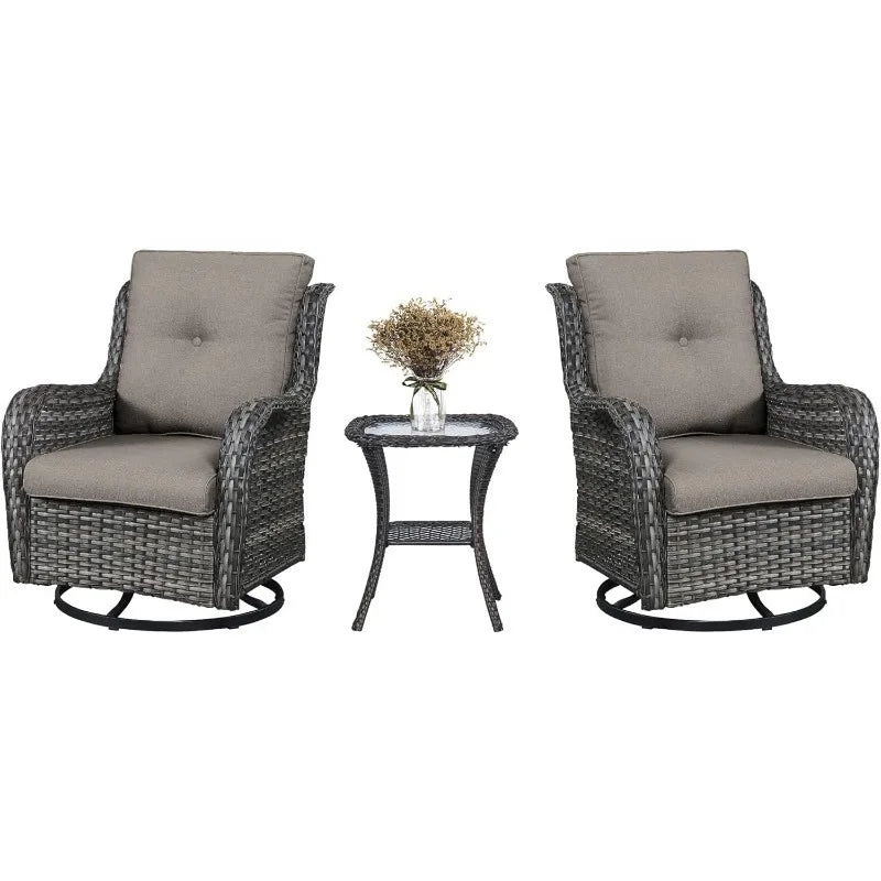 3 PCS Patio Furniture Set - Mixed Grey Wicker Swivel Rocking Chair Set with Side Table