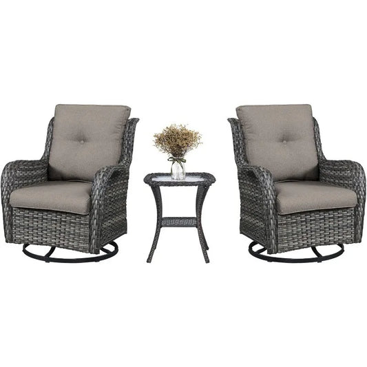 3 PCS Patio Furniture Set - Mixed Grey Wicker Swivel Rocking Chair Set with Side Table