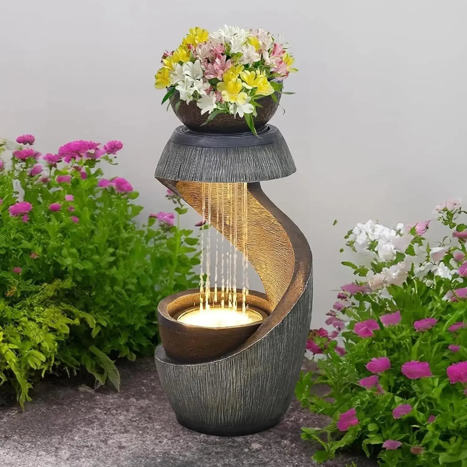 31.9" S-Shaped Water Outdoor Fountain–Modern Cascading Waterfall Feature with LED Lights &amp; Planter Bowl