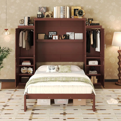 Queen Murphy Bed Wood Wall Bed with 2 Closets &amp; Storage Shelf Foldable Platform Frame for Guest Room Bedroom Walnut, Customized