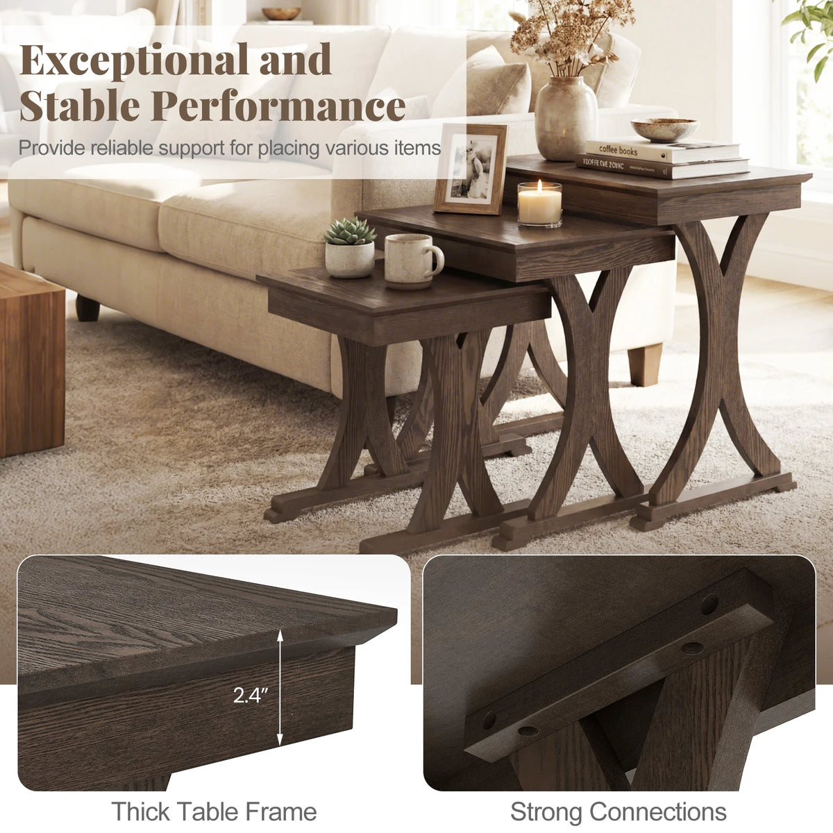 HOMASIS Nesting Coffee Table Set With Solid Rubber Wood Legs