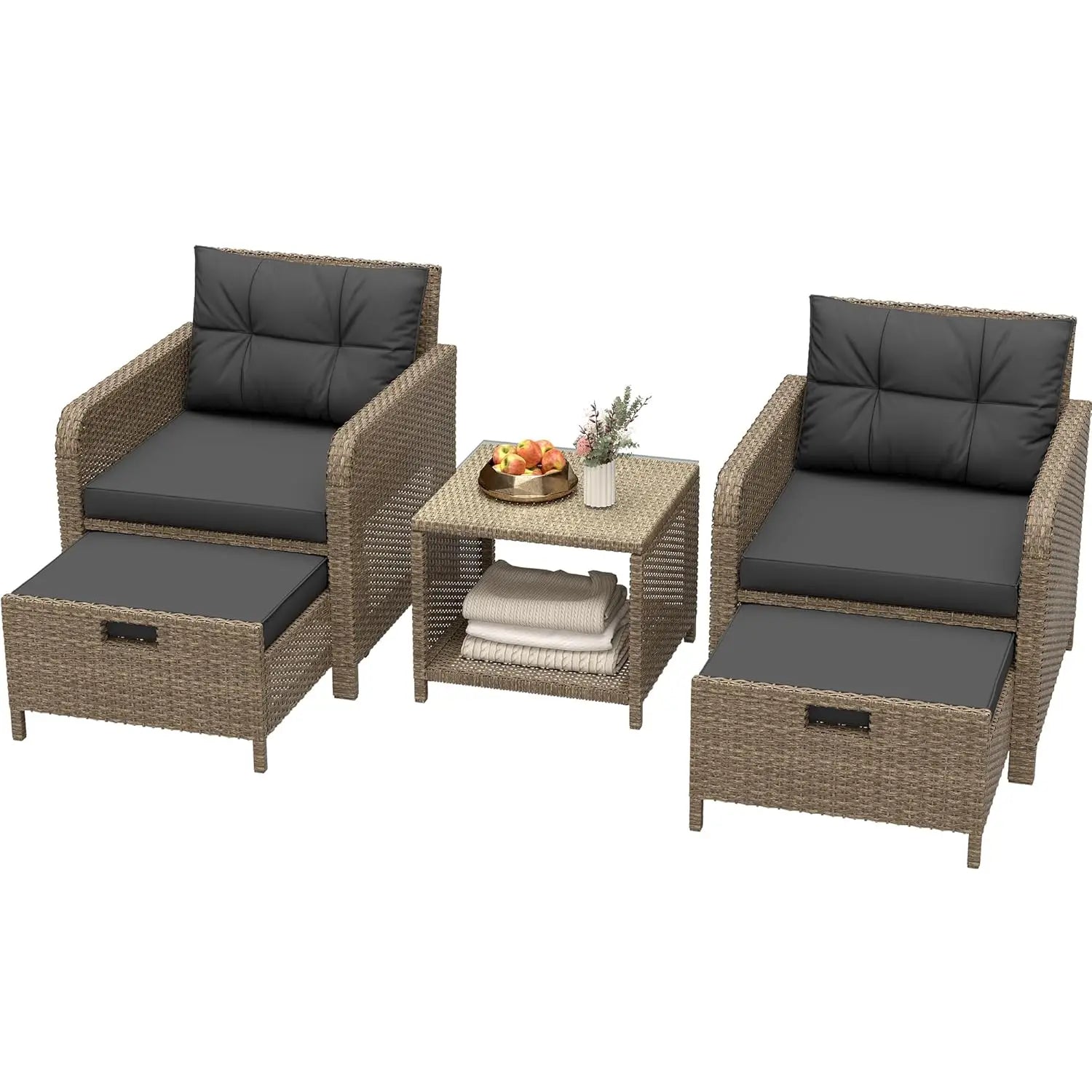 5 Piece PE Outdoor Furniture Set Soft Cushions Coffee Table Hidden Ottoman Porch Lawn Garden Balcony, Customized