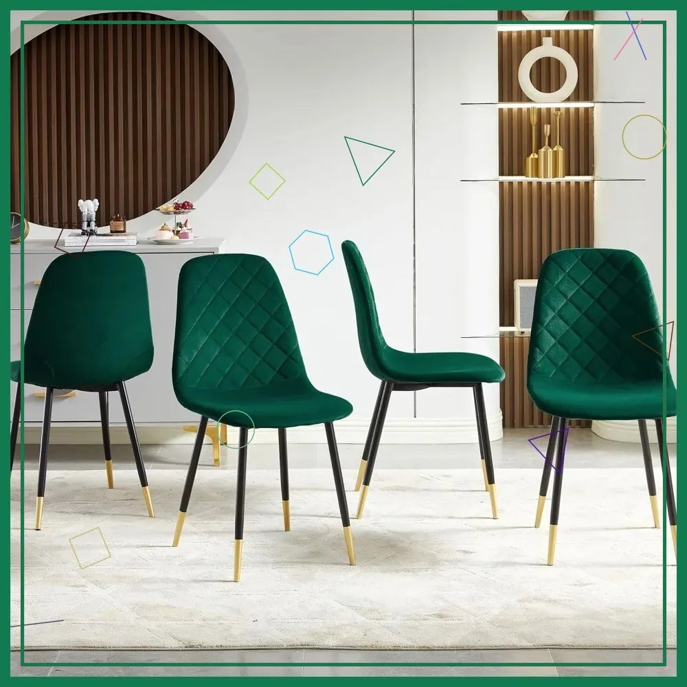 Velvet Dining Chairs Set of 4, Upholstered Side Stools with Backrest and Metal Legs, Kelly Green